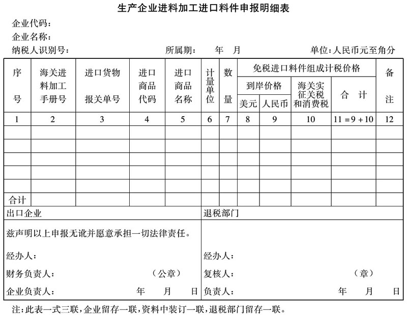 《生产企业进料加工进口料件申报明细表》